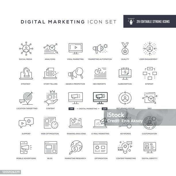 Digital Marketing Editable Stroke Line Icons Stock Illustration - Download Image Now - Icon, Marketing, Technology