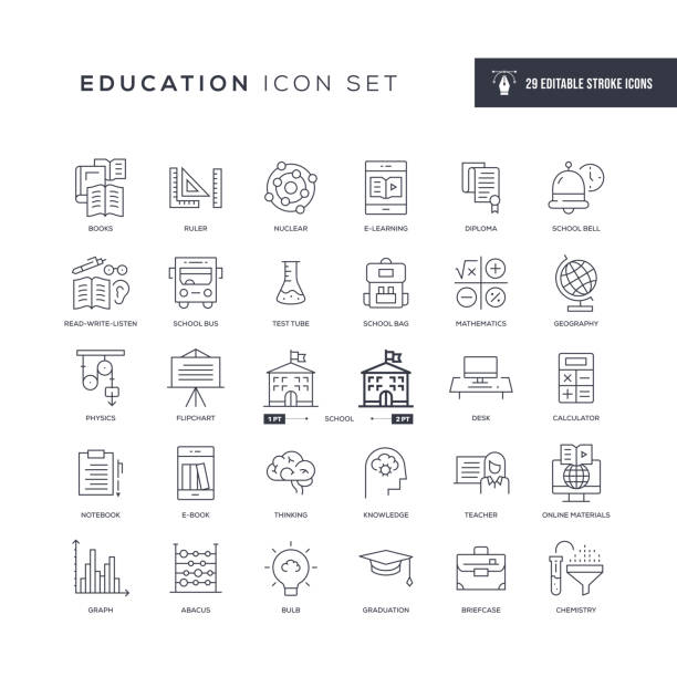 ilustrações, clipart, desenhos animados e ícones de ícones da linha de traçado editável de educação - brain case