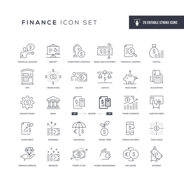 ilustraciones, imágenes clip art, dibujos animados e iconos de stock de iconos de línea de trazo editables de finanzas - control column