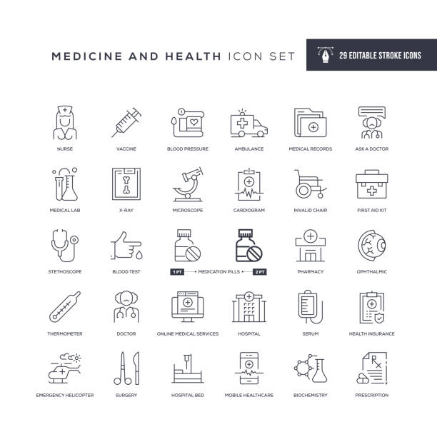 ilustrações de stock, clip art, desenhos animados e ícones de medicine and health editable stroke line icons - microscope symbol computer icon laboratory