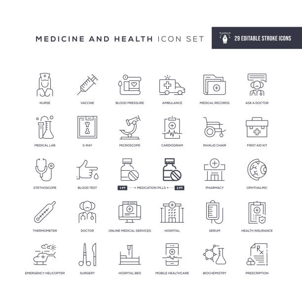 Medicine and Health Editable Stroke Line Icons 29 Medicine and Health Icons - Editable Stroke - Easy to edit and customize - You can easily customize the stroke with medical research blood stock illustrations