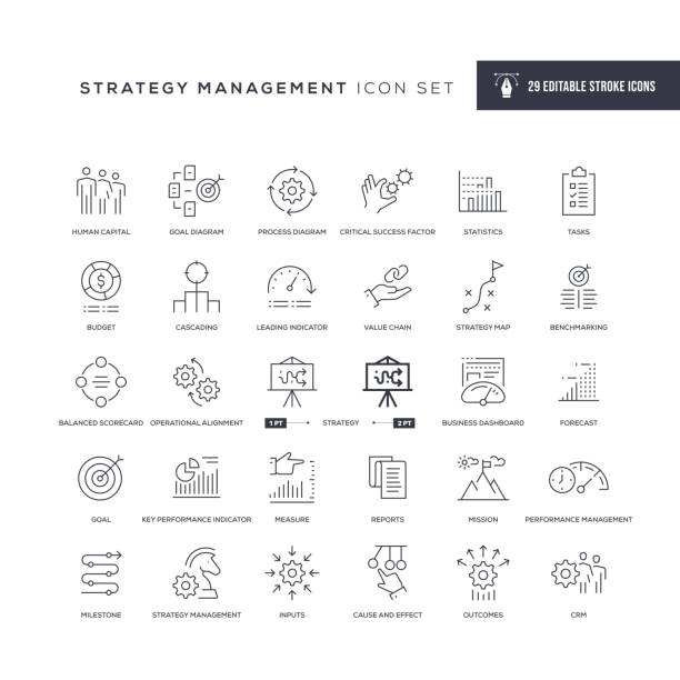 strategiemanagement editable stroke line icons - strategie stock-grafiken, -clipart, -cartoons und -symbole