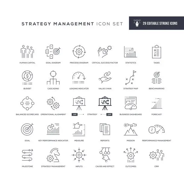 Vector illustration of Strategy Management Editable Stroke Line Icons