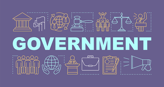 Government word concepts banner. Political system, campaign. Government system. Economy, budget. Presentation, website. Isolated lettering typography idea, linear icons. Vector outline illustration