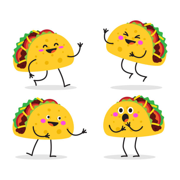 illustrazioni stock, clip art, cartoni animati e icone di tendenza di taco. carino set di personaggi vettoriali fast food. - taco
