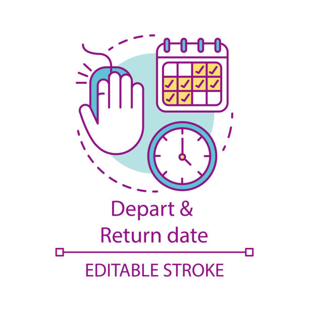 ilustrações de stock, clip art, desenhos animados e ícones de depart and return date concept icon. flights schedules and timetables idea thin line illustration. travel by plane. air transport services. vector isolated outline drawing. editable stroke - depart