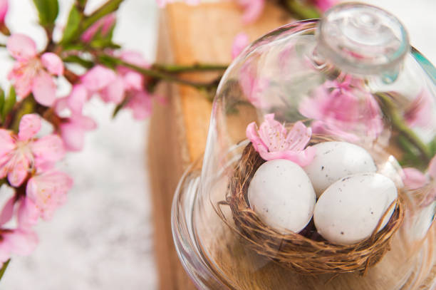 istock Quail eggs in a diy nest. Easter card in trendy color. Happy Easter concept with eggs and flowering branch. Spring, easter, eggs close-up and copy space. 1205937082