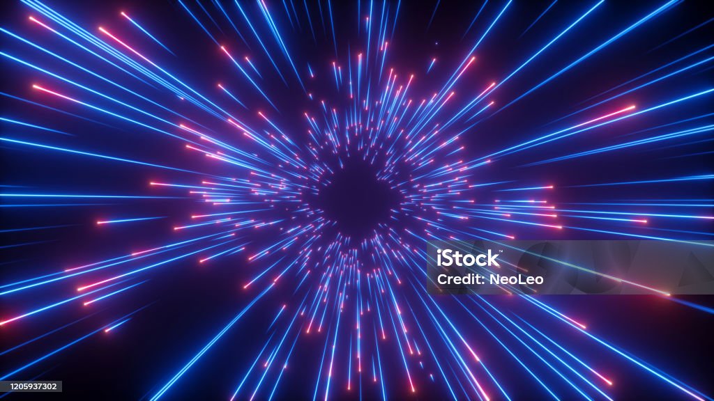 3d rendering, abstract neon background, speed of light concept, sparkling fireworks, shooting stars, meteor shower, universal force, glowing lines, big bang Cage Stock Photo
