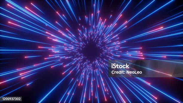 3d Rendering Abstract Neon Background Speed Of Light Concept Sparkling Fireworks Shooting Stars Meteor Shower Universal Force Glowing Lines Big Bang Stock Photo - Download Image Now