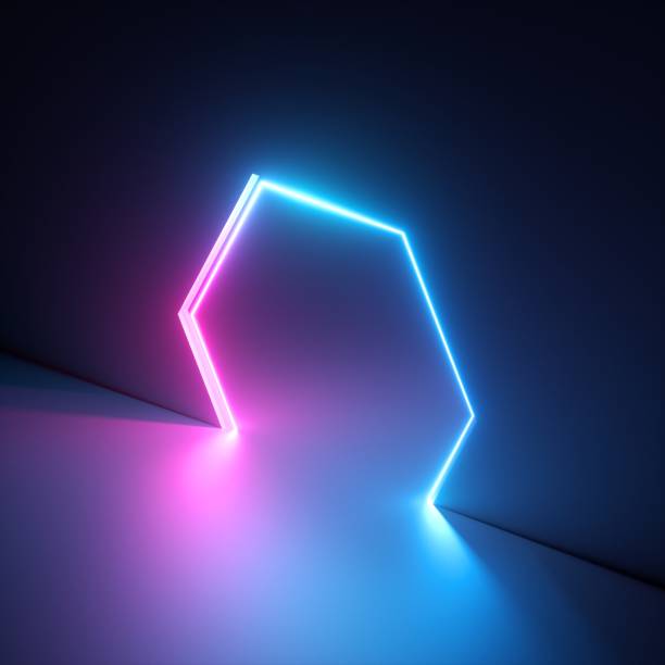 istock 3d render, abstract geometric neon background, pink blue vivid light, ultraviolet hexagonal hole in the wall. Window, open door, gate, portal. Room entrance, arch. Modern minimal concept 1205938215