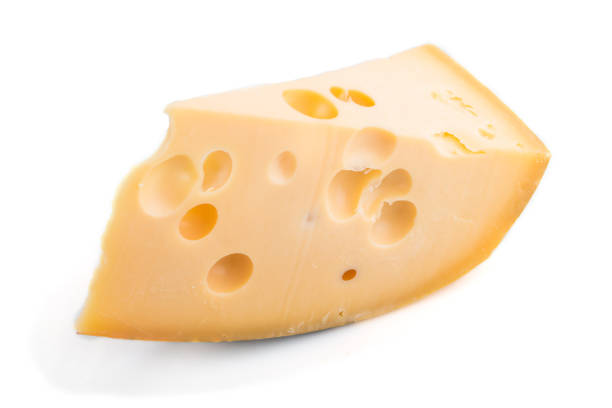 istock Piece of yellow cheese isolated on white background. Side view, close up. 1205938374