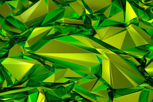 istock 3d render, abstract polygonal faceted background, bright green crystal structure, crumpled holographic metallic foil texture, iridescent crystallized wallpaper, neon spectrum, vivid palette 1205938428