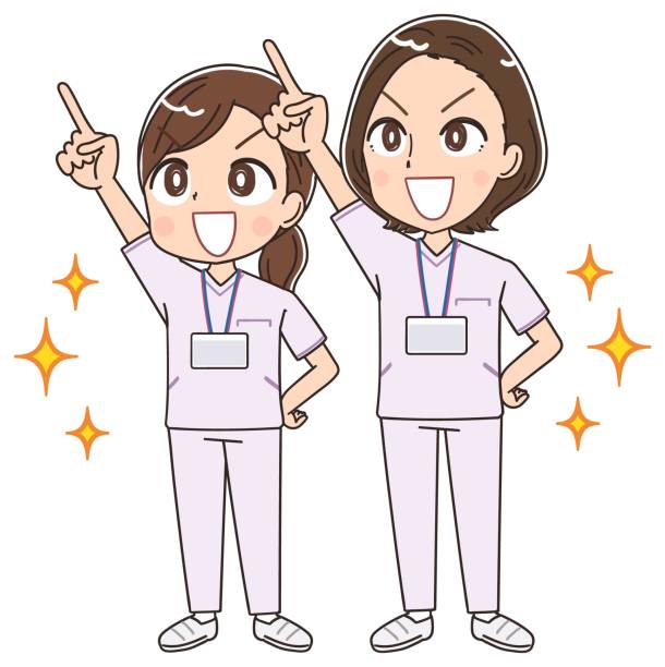 白っぽい制服を着た2人の女性看護師。彼らは肯定的な感情を持っています。 - effort点のイラスト素材／クリップアート素材／マンガ素材／アイコン素材