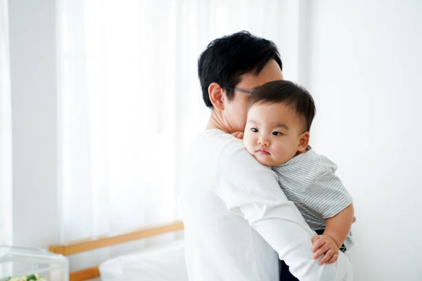 happy asian father and baby boy toddler at home, enjoying family time - love growth time of day cheerful imagens e fotografias de stock