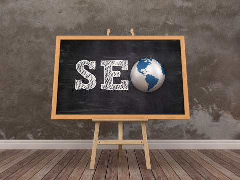 Easel with Word SEO and Globe World - 3D Rendering