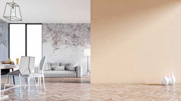 istock Empty living room with sofa, table and chairs - ruined wall 1205943967