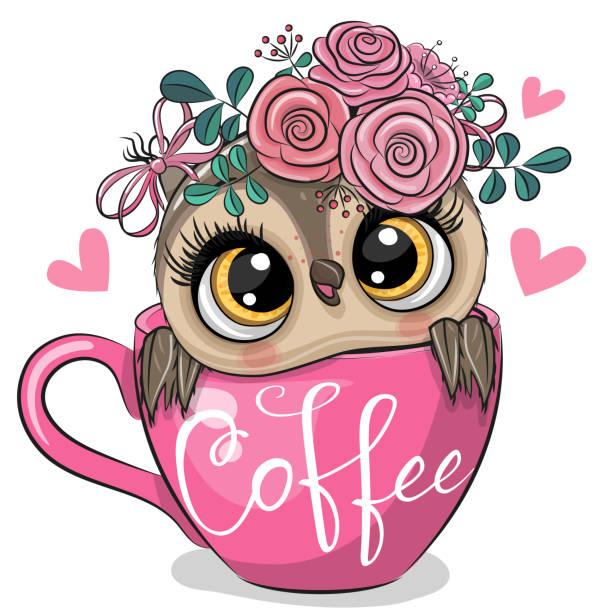 Cartoon owl is sitting in a Cup of coffee Cute Cartoon owl is sitting in a Cup of coffee pink owl stock illustrations