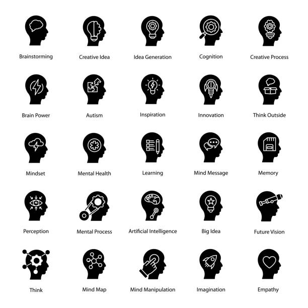 Thinking Process Solid Icons Pack A creative set of strategic, thinking, cognitive and practical process designs. Design thinking solid icons set available for download. big idea stock illustrations