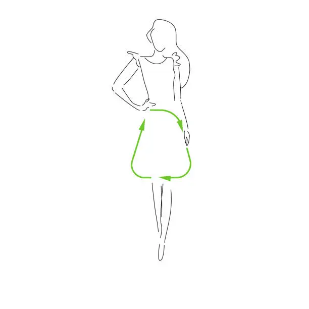 Vector illustration of Sustainable fashion. Silhouet woman in outline in dress with sign for recycling. Concept for Sustainable fashion, slow fashion, circular fashion, recycle. Can used in websites, print or poster design,