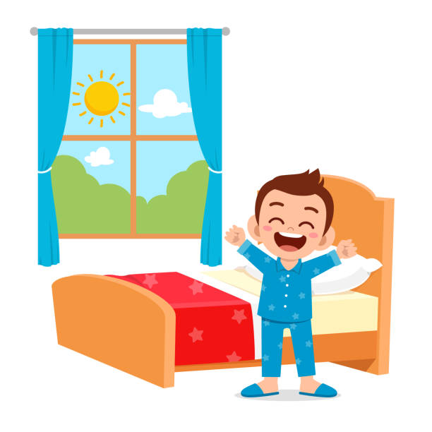 glücklich niedliche kleine kind junge aufwachen am morgen - bed pillow doodle bedroom stock-grafiken, -clipart, -cartoons und -symbole