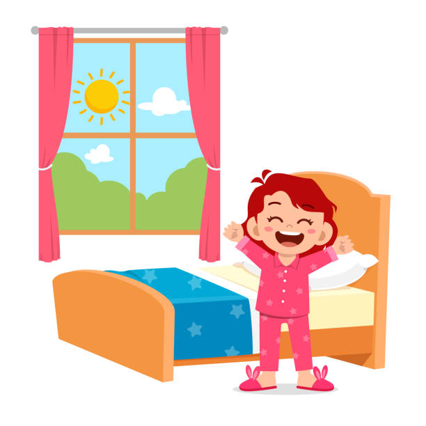 illustrations, cliparts, dessins animés et icônes de la petite fille mignonne heureuse de gosse se réveillent le matin - se réveiller