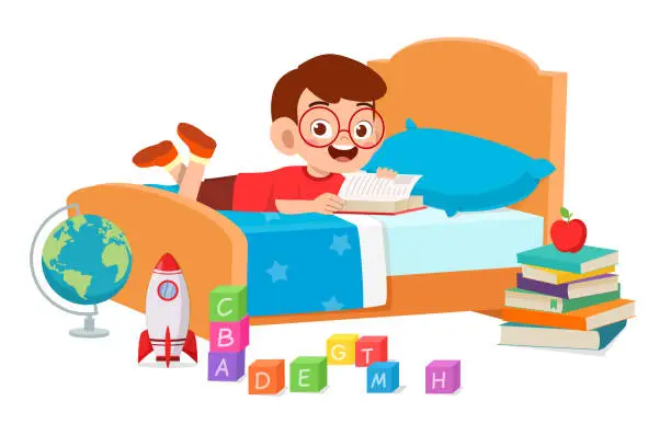 Vector illustration of happy cute little kid boy use tablet in room