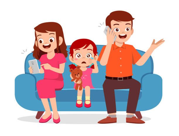 sad kid girl ignored by parent with smartphone