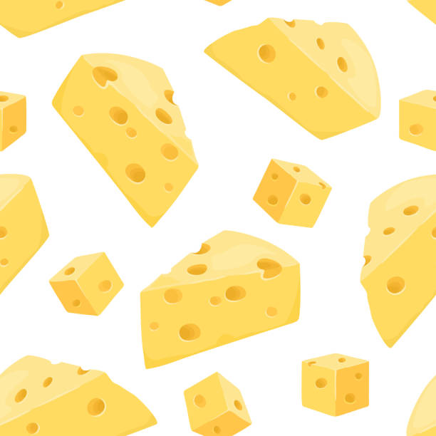 치즈 매끄러운 패턴. 흰색 배경에 고립 된 노란색 치즈 조각. 큐브와 삼각형 치즈 조각. 만화 플랫 스타일의 벡터 음식 일러스트레이션입니다. - cheese portion emmental cheese yellow stock illustrations