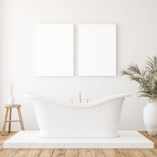 istock Mockup canvas in minimalist white bathroom interior 1205954462