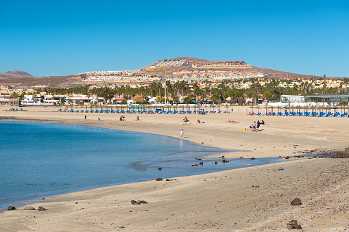 Wide angle view of Caleta de Fuste beach during the day under clear blue sky, Fuerteventura, Canary Islands, Spain