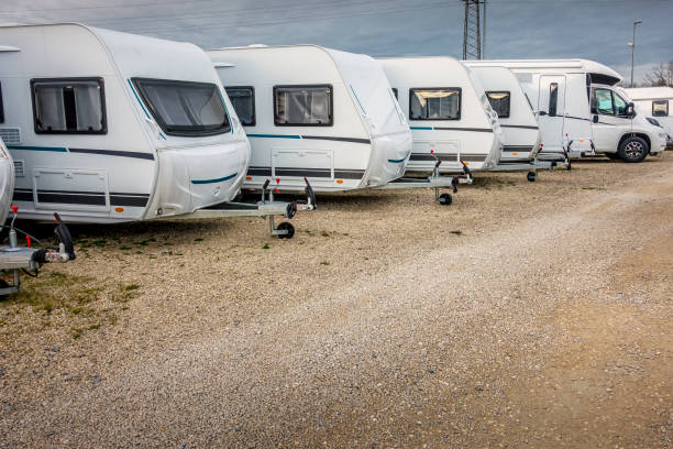 istock some camper trailers for sale  in a row 1205956112