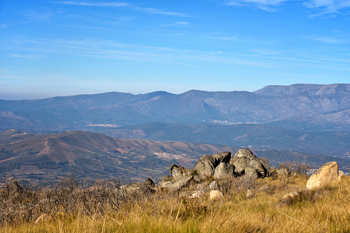 View into the Portuguese Mountains of the Natural Park Serra da Gardunha. A part of the Serra da Estrella, Louriçal do Campo, District Castelo Branco, Portugal