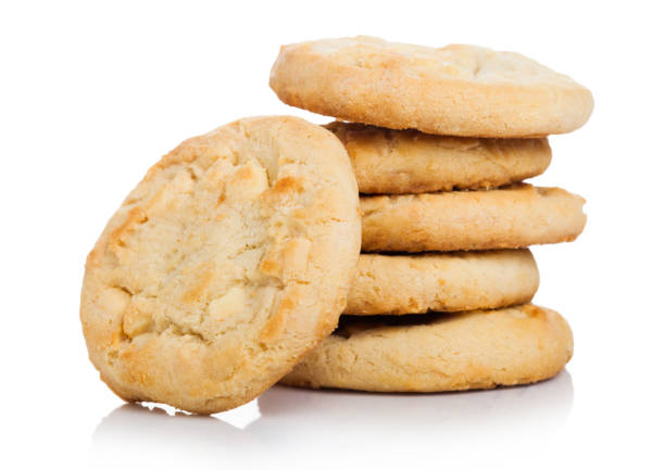 istock White chocolate biscuit cookies on white background. 1205956799