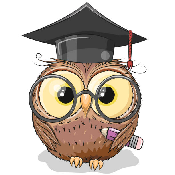 Clever owl with pencil and in graduation cap Cute Clever owl with pencil and in graduation cap cartoon of bird with glasses stock illustrations