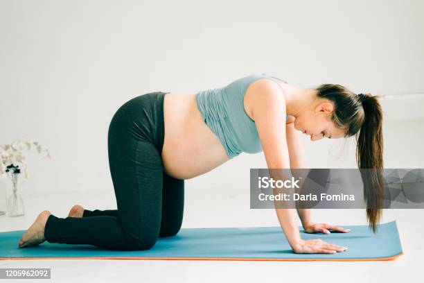 Una Joven Bonita Chica Embarazada Con Ropa Deportiva Está Haciendo Yoga  Haciendo Asana En El Mat