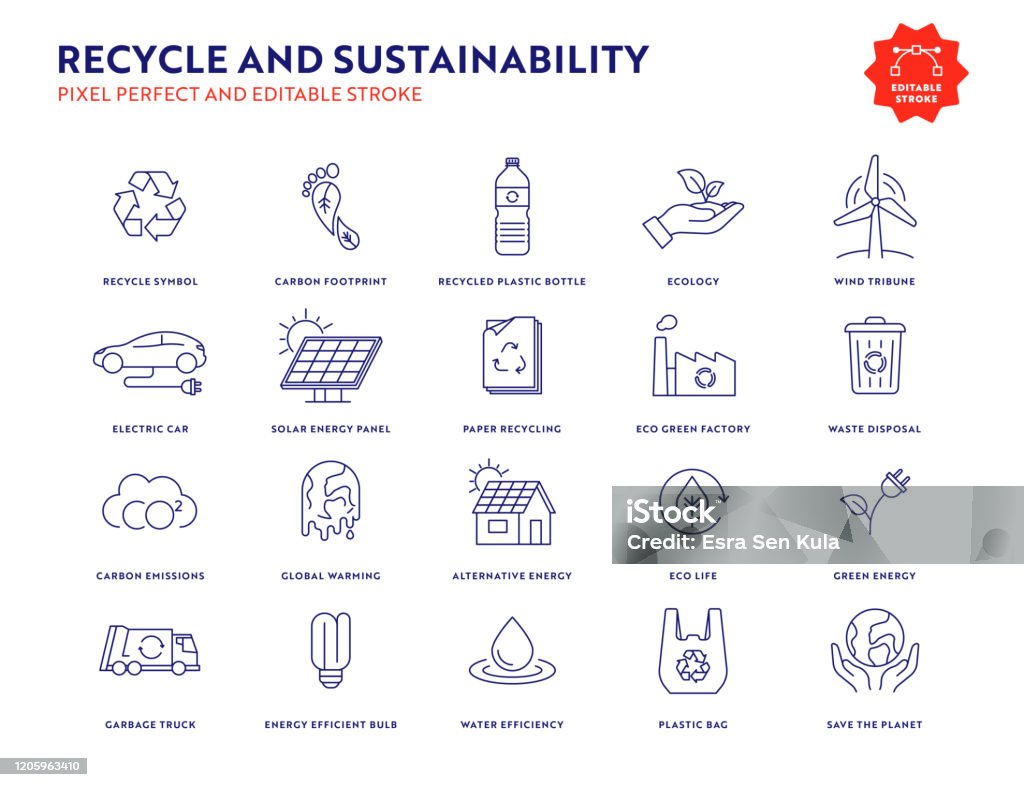 Set di icone per il riciclo e la sostenibilità con tratto modificabile e pixel perfetti. - arte vettoriale royalty-free di Icona