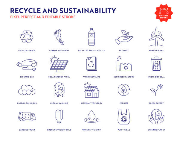 편집 가능한 스트로크와 픽셀 퍼펙트로 설정된 재활용 및 지속 가능성 아이콘. - solar energy illustrations stock illustrations