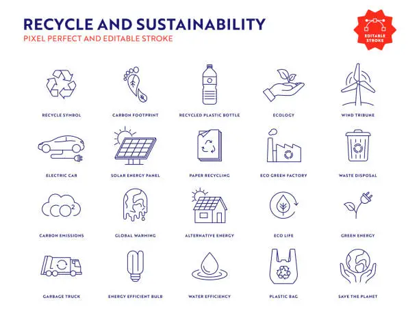 Vector illustration of Recycle and Sustainability Icon Set with Editable Stroke and Pixel Perfect.