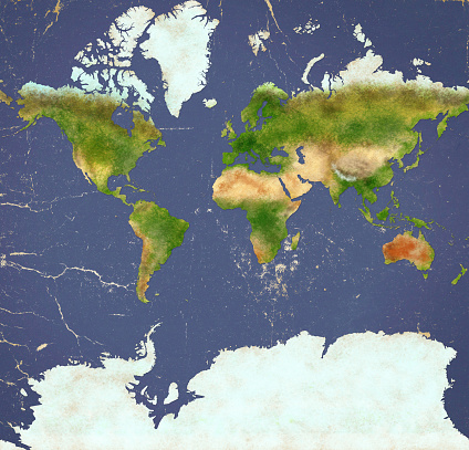 Planisphere of the world ultra defined with Antarctica, paper effect and peeling plaster. Physical map of the world. Hand drawn. \nSource of the map: https://eoimages.gsfc.nasa.gov/images/imagerecords/74000/74092/world.200407.3x5400x2700.jpg\nApplication: Adobe photoshop