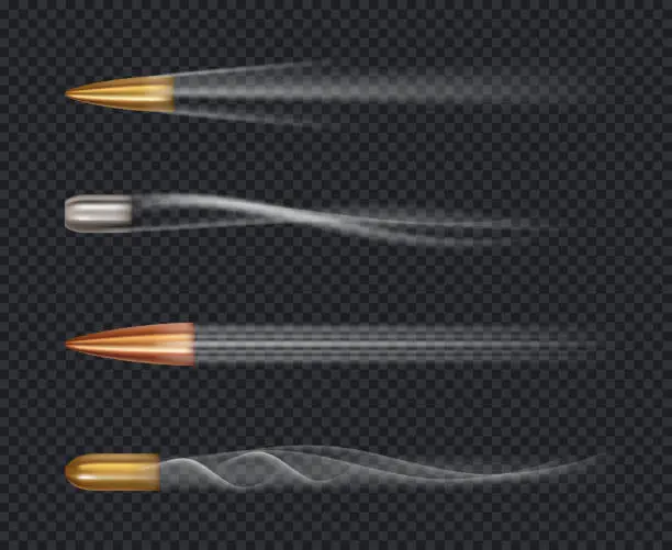 Vector illustration of Flying bullet. Motion firing target jacket trace of bullet shots vector realistic template