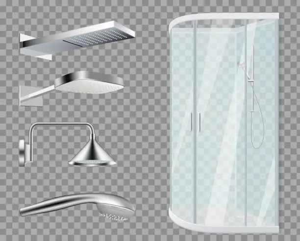 Vector illustration of Shower stall. Shower Heads, realistic bathroom elements isolated on transparent background. Vector water metallic accessories set