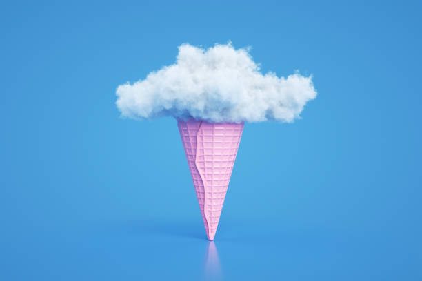 bulutlu dondurma konisi, minimal gerçeküstü yaz konsepti, 3d soyut arka plan - dondurma illüstrasyonlar stok fotoğraflar ve resimler