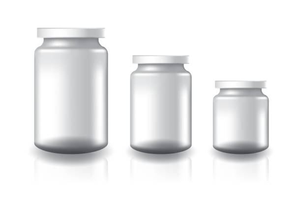 istock 3 sizes of blank clear round jar with white flat lid for supplements or food product. Isolated on white background with reflection shadow. Ready to use for package design. Vector illustration. 1205970715