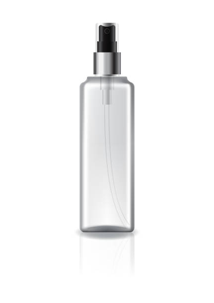 istock Clear square cosmetic bottle with spray head and silver ring for beauty or healthy product. Isolated on white background with reflection shadow. Ready to use for package design. Vector illustration. 1205970743