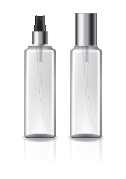 istock Clear square cosmetic bottle with silver lid and spray head for beauty or healthy product. Isolated on white background with reflection shadow. Ready to use for package design. Vector illustration. 1205970764