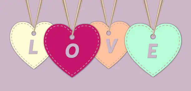 Vector illustration of The letters LOVE in hearts shaped tags.
