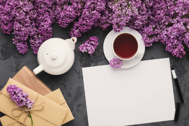 istock Flat lay with lilac and blank greeting card 1205973094