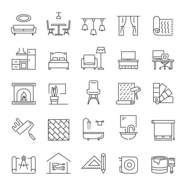 ilustraciones, imágenes clip art, dibujos animados e iconos de stock de conjunto de iconos de línea relacionadacon el diseño de interiores y la decoración del hogar. trazo editable. iconos de contorno simples. - decoración artículos domésticos ilustraciones