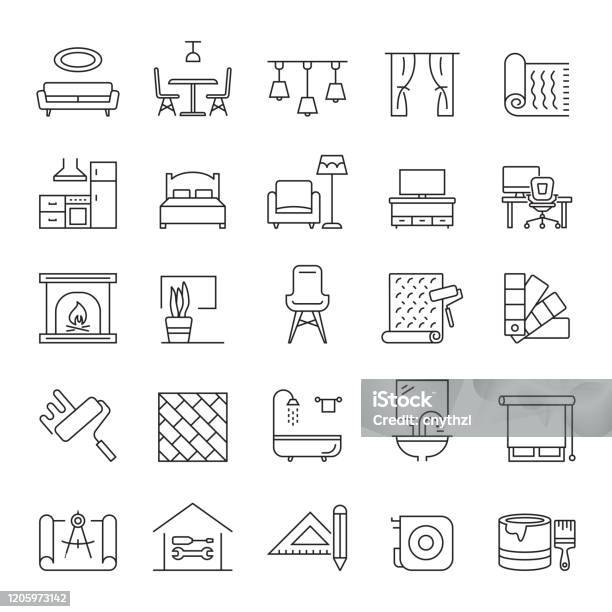 Set Of Interior Design And Home Decoration Related Line Icons Editable Stroke Simple Outline Icons Stock Illustration - Download Image Now