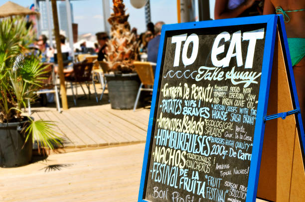 closeup of the chalkboard menu of a restaurant in Barcelona, Spain, with different catalan and spanish dishes
